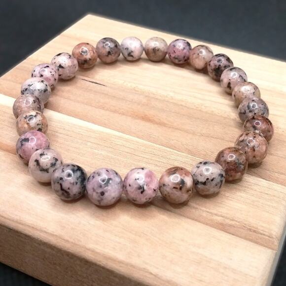 Pink Rhodonite Gemstone Bracelet Artisan Stretchy Natural 8mm Beads Bohemian NEW - Picture 7 of 9